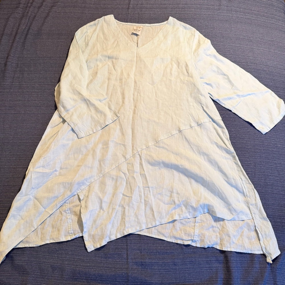 Match Point Womens Light Blue 100% Linen V-Neck Asymmetrical Tunic Top Large USA